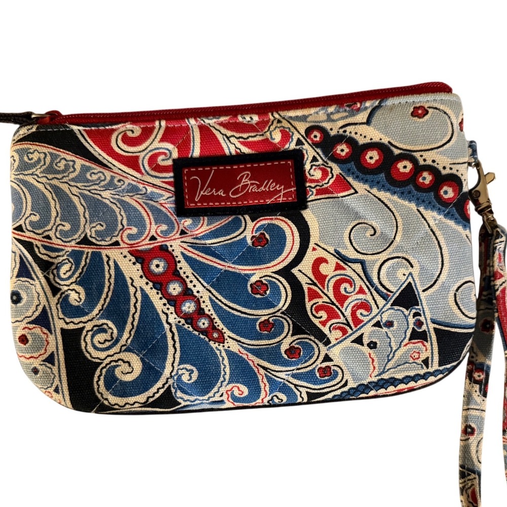 Vera Bradley Summer Cottage Paisley Quilted Cotton Wristlet Pouch Red White Blue